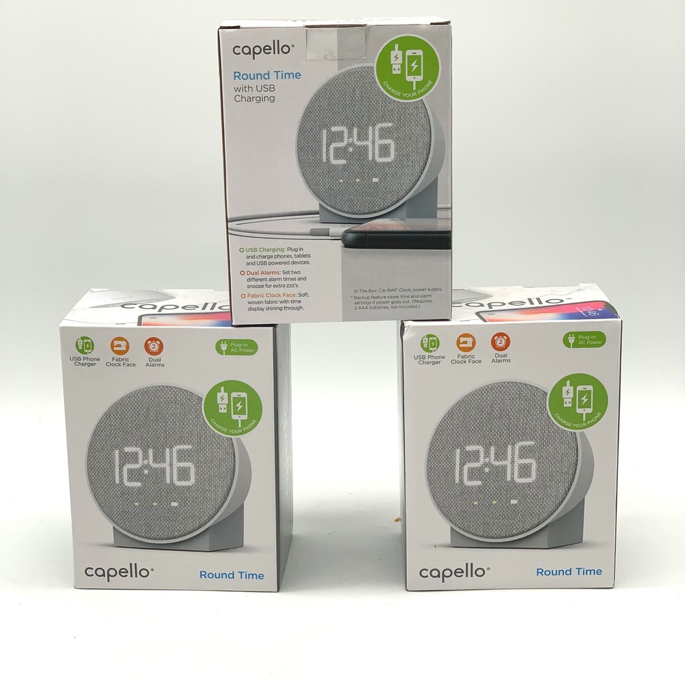 Capello Round Time Alarm Clock Grey Fabric Face USB‎ Charging Dual Alarm CA-8WF